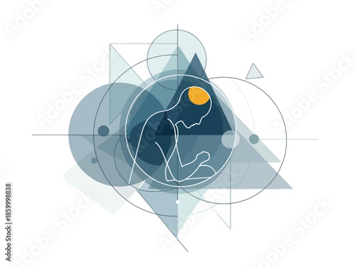 A stylized human figure with a highlighted brain, surrounded by abstract geometric shapes, representing thought, mental health, or psychological concepts.