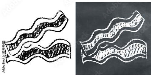 Chalk handdrawn bacon vector for breakfast menus. Ideal for illustrating pork strips, crispy meat, savory toppings, and butcher shop blackboards.
