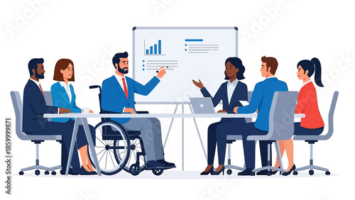 Diverse team in a meeting discussing business strategies around a table with a disabled colleague presenting