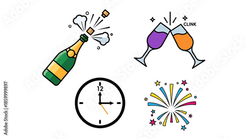 Vibrant Celebration Icon Collection Popping Champagne Bottle, Clinking Glasses, Midnight Clock, and Festive Fireworks Display