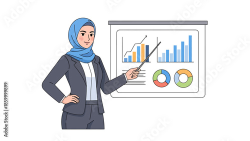 Businesswoman in hijab presenting data with charts and graphs on a whiteboard