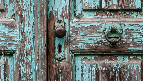 Close-up of a weathered, teal-painted wooden door with peeling paint, showcasing aged hardware like a doorknob and ring pull