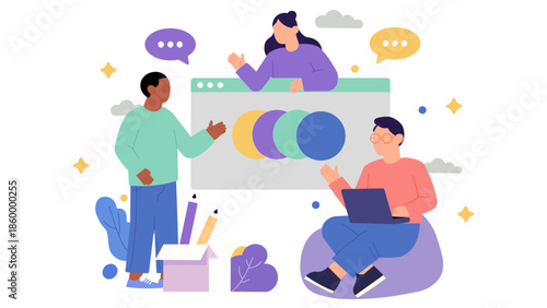 Diverse team members collaborating and discussing ideas for a new web interface project