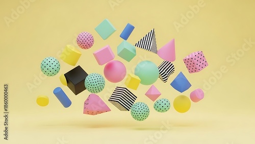 Abstract 3D Geometric Shapes Floating on a Pastel Yellow Background