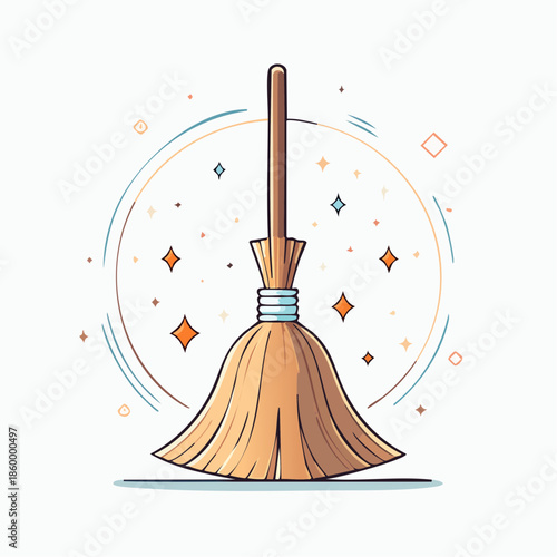 Vector illustration of a yellow straw broom and dustpan isolated on white for domestic housework cleaning and sweeping equipment