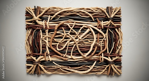 Rectangular woven artwork of natural branches twigs in lightdark brown black with corner knots central spiral on gray