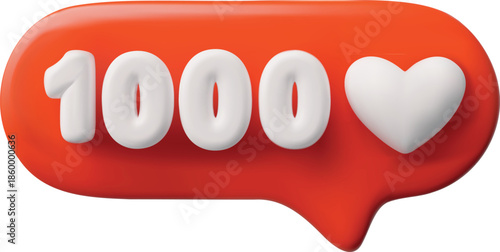 Heart and 1000 symbol in red speech bubble 3D plastic style vector icon, social media appreciative, love and like symbol
