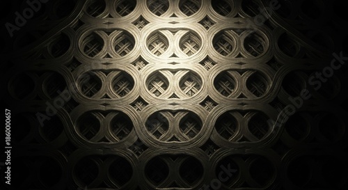 Symmetrical metallic lattice pattern with interwoven circles and crosses centrally illuminated fading into shadow