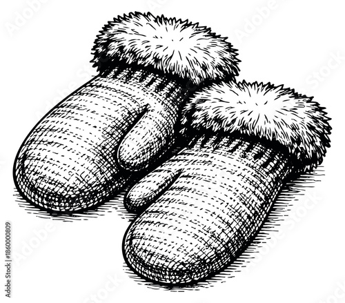 Hand drawn line art illustration of mittens depicting warm winter apparel for seasonal designs