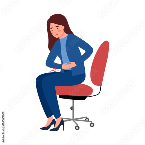 Businesswoman suffers from abdominal pain. Symptom of menstruation, acute gastritis, diarrhea. Disease of the gastrointestinal tract. 