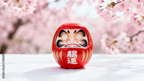 Vibrant Daruma doll sitting serenely under blooming cherry blossoms
