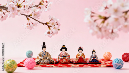 Traditional Japanese dolls in kimonos on red mat with cherry blossoms