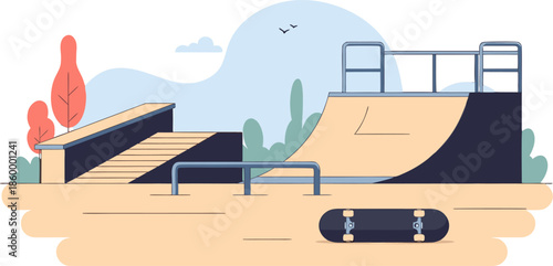 Skatepark scene with ramps and skateboard flat illustration