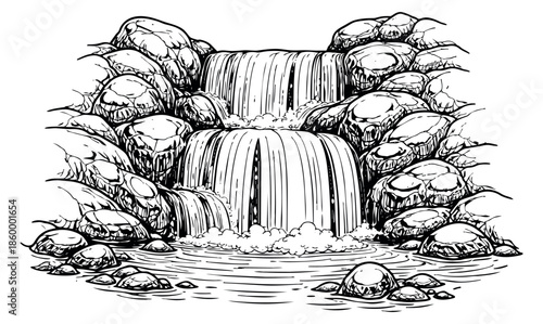 Hand drawn line art illustration of a waterfall depicting cascading water and surrounding rocks for natural landscape designs