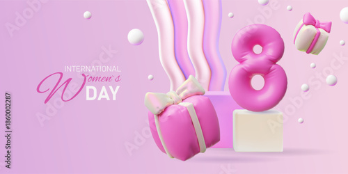 3D pink banner with inflatable gift boxes and the number 8, International Women's Day.
