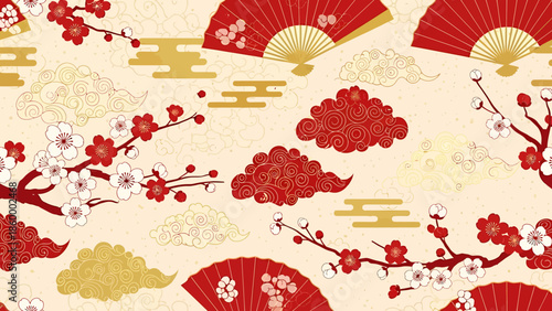 Seamless pattern with Japanese motifs featuring cherry blossoms and decorative fans in traditional red and gold hues