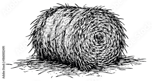 Hand drawn line art illustration of a hay bale depicting rural farm life for agricultural themes