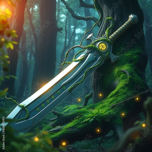 A glowing green sword embedded in a mystical tree in a dark forest