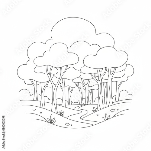 A charming and simple forest scene perfect for a relaxing coloring activity