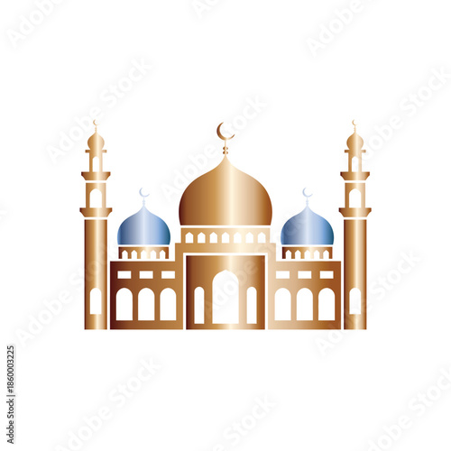 golden mosque with blue domes and minarets symbolizing islamic architecture and religious landmark