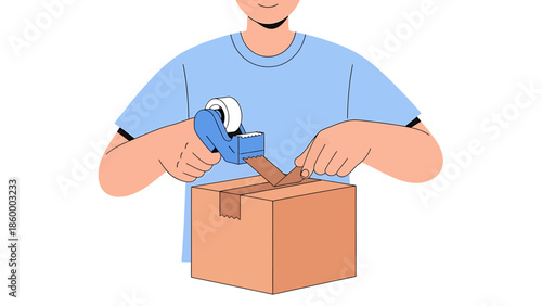 Person sealing a cardboard box with packing tape, symbolizing efficient shipping, delivery, and e-commerce logistics, a flat vector illustration