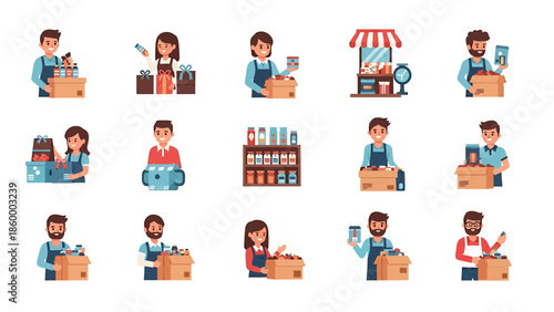 Diverse vector illustrations set showcasing people working in retail, grocery stores, and markets, handling products and providing customer service for business