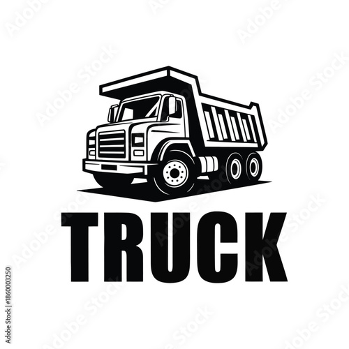 Black dump truck illustration with text TRUCK on transparent background vector graphic logo