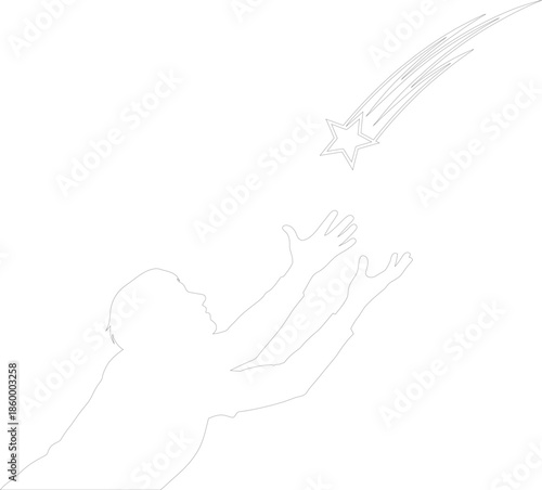Man Reaching for Shooting Star Outline Drawing Striving for Success Vector Illustration
