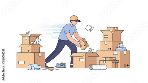 Efficient Logistics Worker Organizing and Handling Numerous Cardboard Packages, Highlighting Swift Delivery, Moving, and Shipping Services