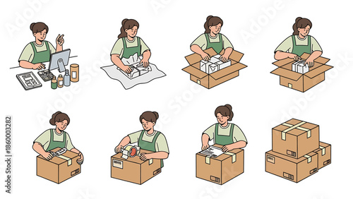Process of packing and shipping goods, illustrated with a series of sequential steps for order fulfillment