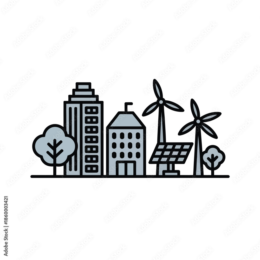 Obraz premium Smart city with green energy concept, buildings, wind turbines and solar panels, line art style illustration