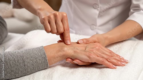 A healthcare professionals skilled hands meticulously perform a detailed physical examination or apply therapeutic pressure to a patients hand emphasizing the importance of wellness rehabilitation an.