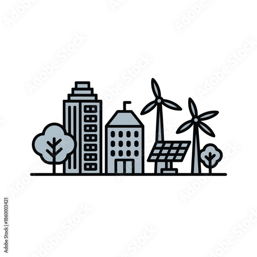 Smart city with green energy concept, buildings, wind turbines and solar panels, line art style illustration
