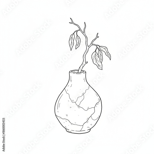 A delicate cracked vase holds a small wilting branch illustrating fragile beauty