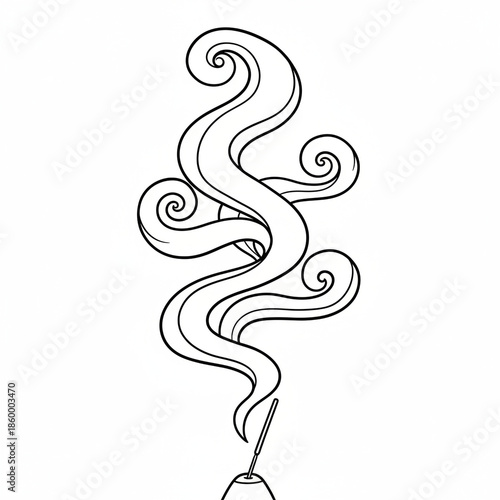 A serene monochrome depiction of a burning incense stick releasing swirling aromatic vapor