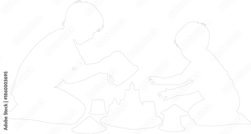 Fototapeta premium Two children playing in sand building sandcastle silhouette outline vector illustration