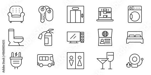 Collection of icons representing amenities and objects for home, travel, and public spaces