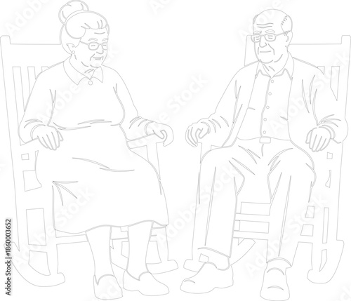 Elderly couple sitting in rocking chairs vector outline drawing Grandparents portrait minimal line art black and white