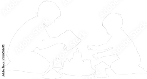 Two children playing in sand building sandcastle silhouette outline vector illustration