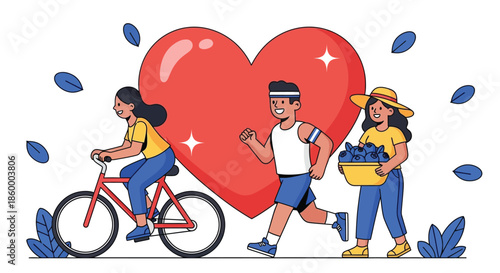 Illustration of a man running and two women, one on a bicycle and the other carrying a basket, with a large heart behind them on a white background with blue leaves and a joyful atmosphere.