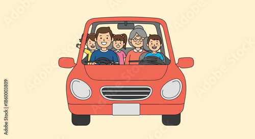 Illustration of a happy family of four sitting in a red car with a solid light-yellow background.