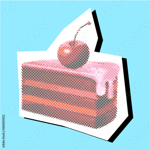 Slice of cake Halftone Dotted Collage Element Pointillize in Paper Torn vector for cafe menus. Ideal for desserts, birthdays, and abstract sweet food art.