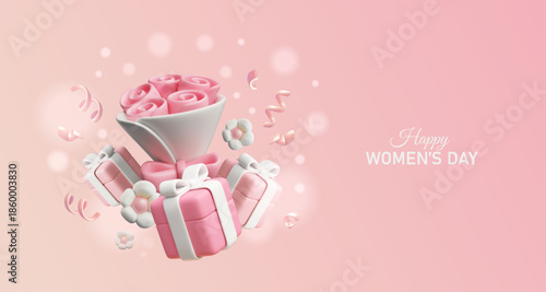 3D banner with a plastic bouquet of roses, gift boxes, and confetti on a soft pink background.