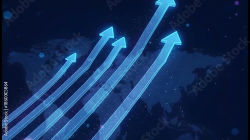 Rising Blue Arrows Overlays on Dark World Map Background Representing Growth and Success with Particle Effects and Clean Abstract Design