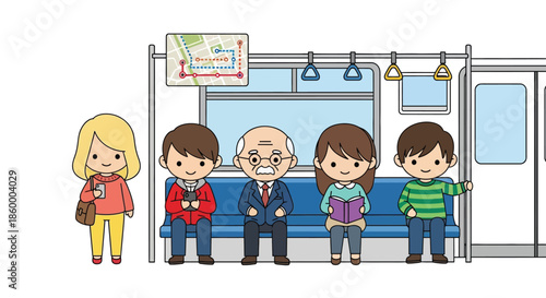 Cartoon illustration of a diverse group of five people standing and sitting in a subway car with a blue bench and white background.