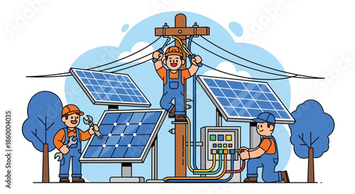 Illustration of three workers installing solar panels and electrical equipment with wires and a power pole in a residential setting.