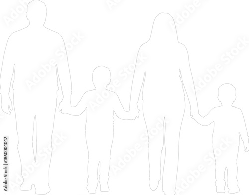 Outline Silhouette of Family of Four Holding Hands Walking Parents with Two Children Vector Illustration