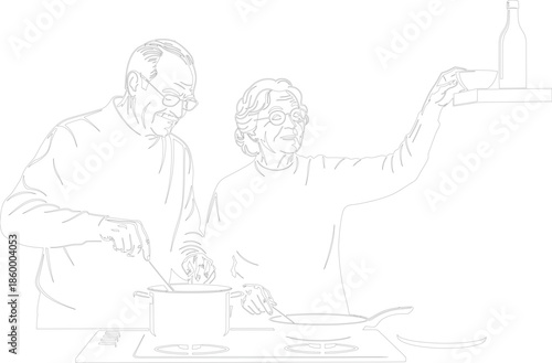Elderly couple cooking together line art vector illustration Happy seniors preparing meal in kitchen contour drawing