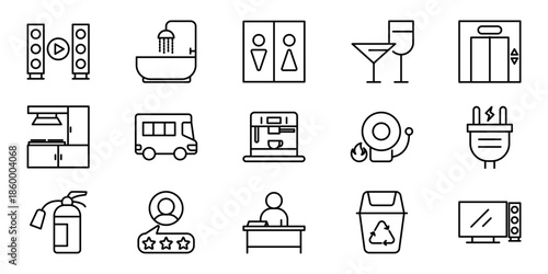 Essential outline vector icons for modern life services, facility amenities, daily objects, and technology; versatile collection for digital design projects