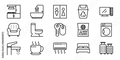 Set of icons representing hotel amenities and services for hospitality industry